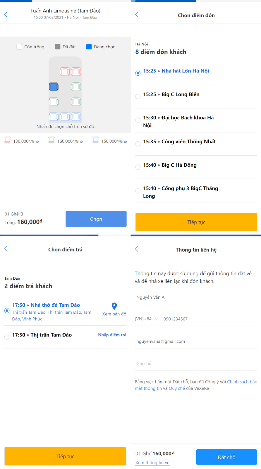 Chọn giờ, chọn chỗ, điểm đón/trả và điền đầy đủ thông tin.