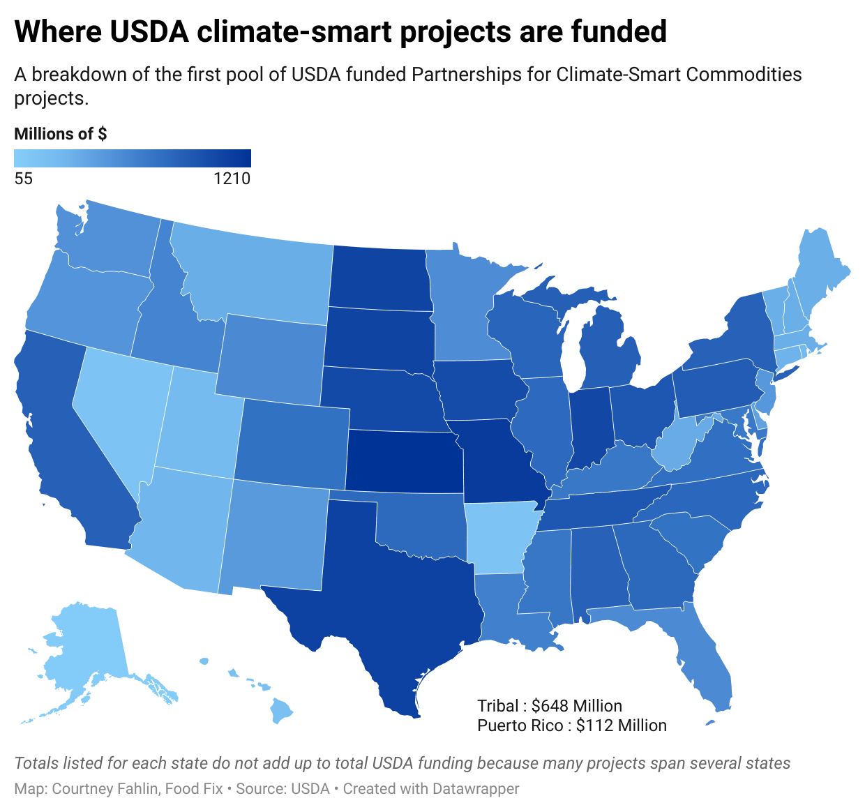 Heat map of where the first pool of USDA-funded climate-smart projects are located