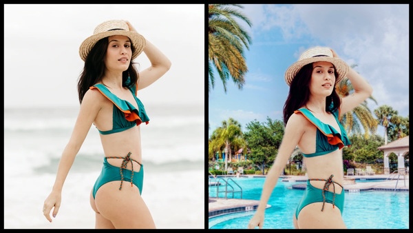 Montagem de uma mulher posando na piscina mostrando o antes e depois da edições. 