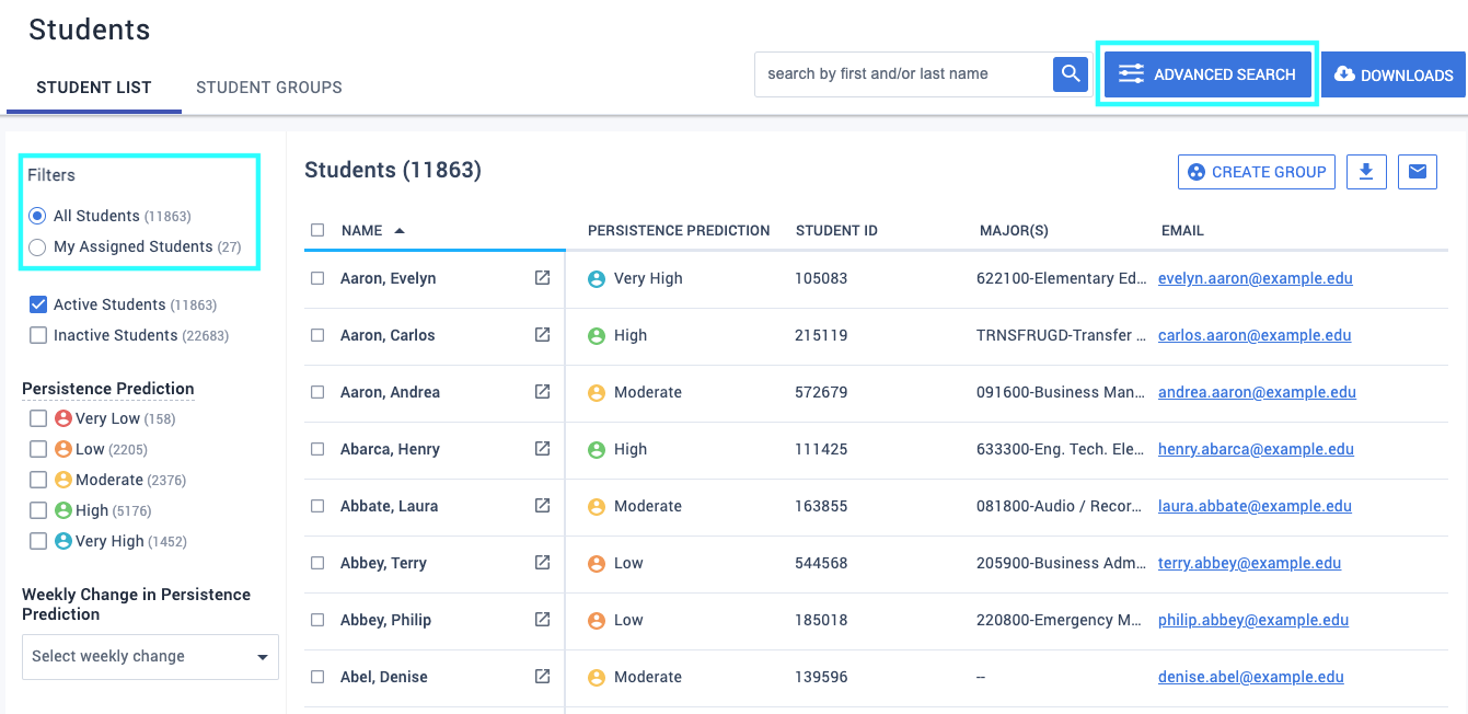 Toggle between viewing all students or just your assigned students.