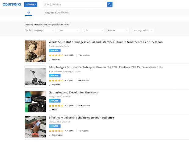 Coursera photojournalism courses search results