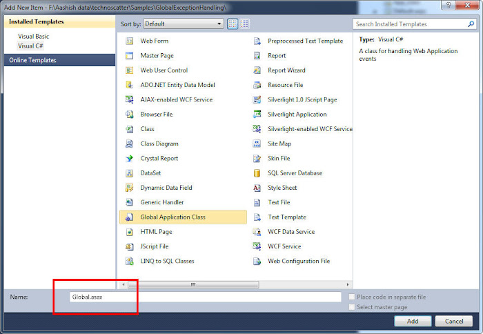 Adding a GLOBAL APPLICATION CLASS say Global.asax