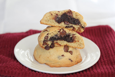 photo of chocolate chip cookies stuffed with brownies on a plate