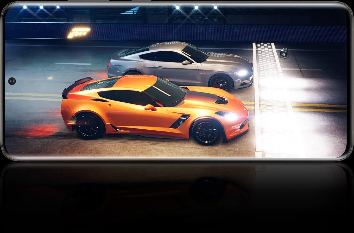 Performa gaming di Samsung Galaxy S20 Ultra 5G dengan ilustrasi game Forza Street Mobile Android.
