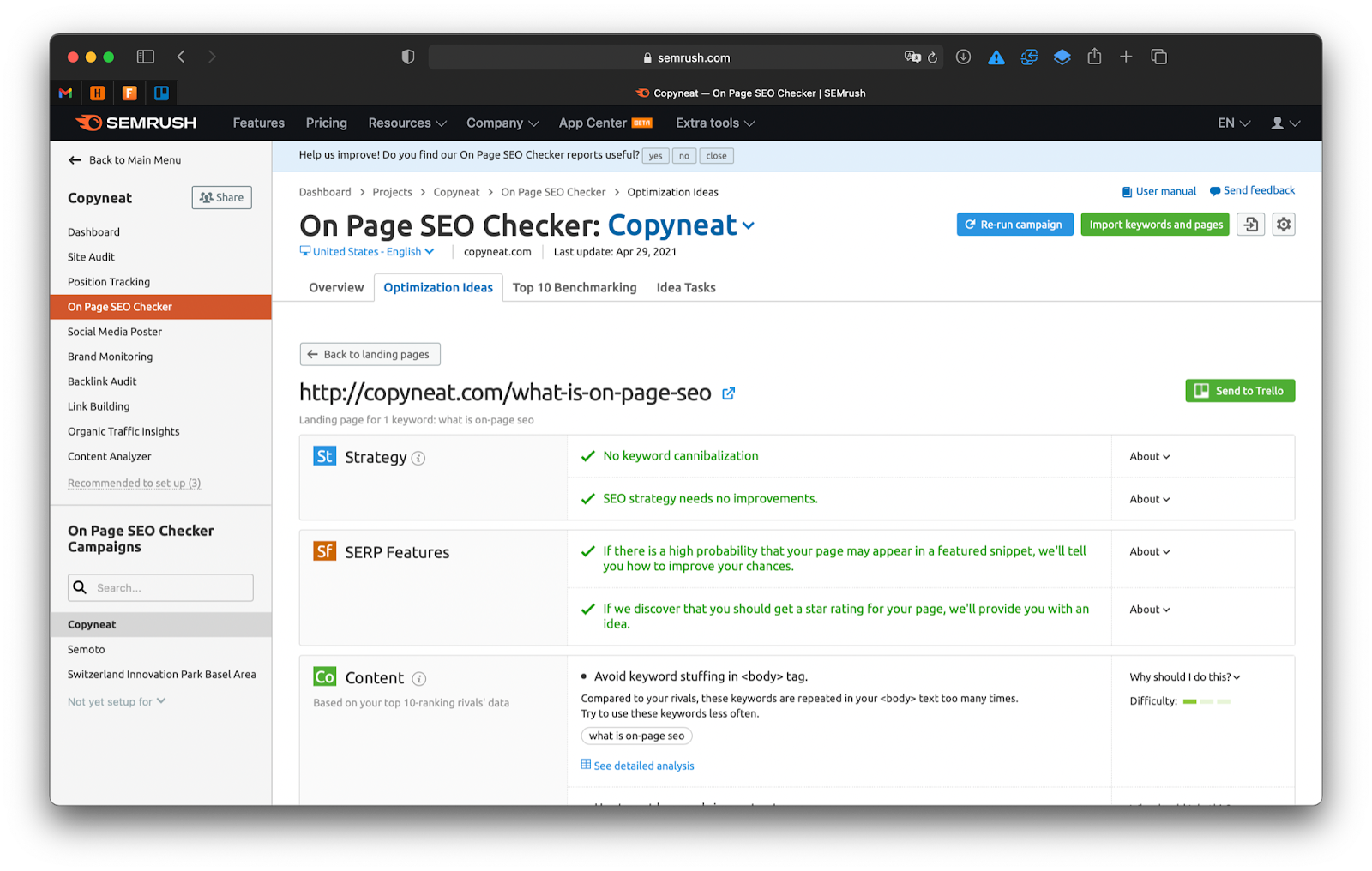 Top half of the page where SEMrush displays the results of the on-page SEO checker.