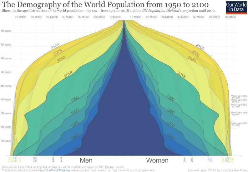 Population pyramid 1950 to 2100