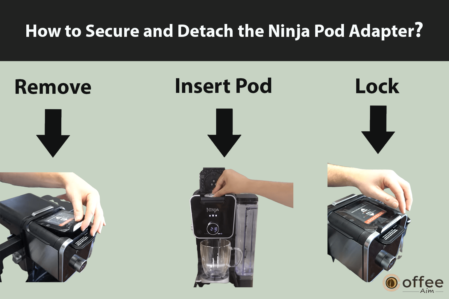 "This image showcases the steps to remove, insert, and lock the Pod Adapter for the Ninja DualBrew Pro Specialty Coffee System, as detailed in the article 'How to Use Ninja DualBrew Pro Specialty Coffee System, Compatible with K-Cup Pods, and 12-Cup Drip Coffee Maker?'".
