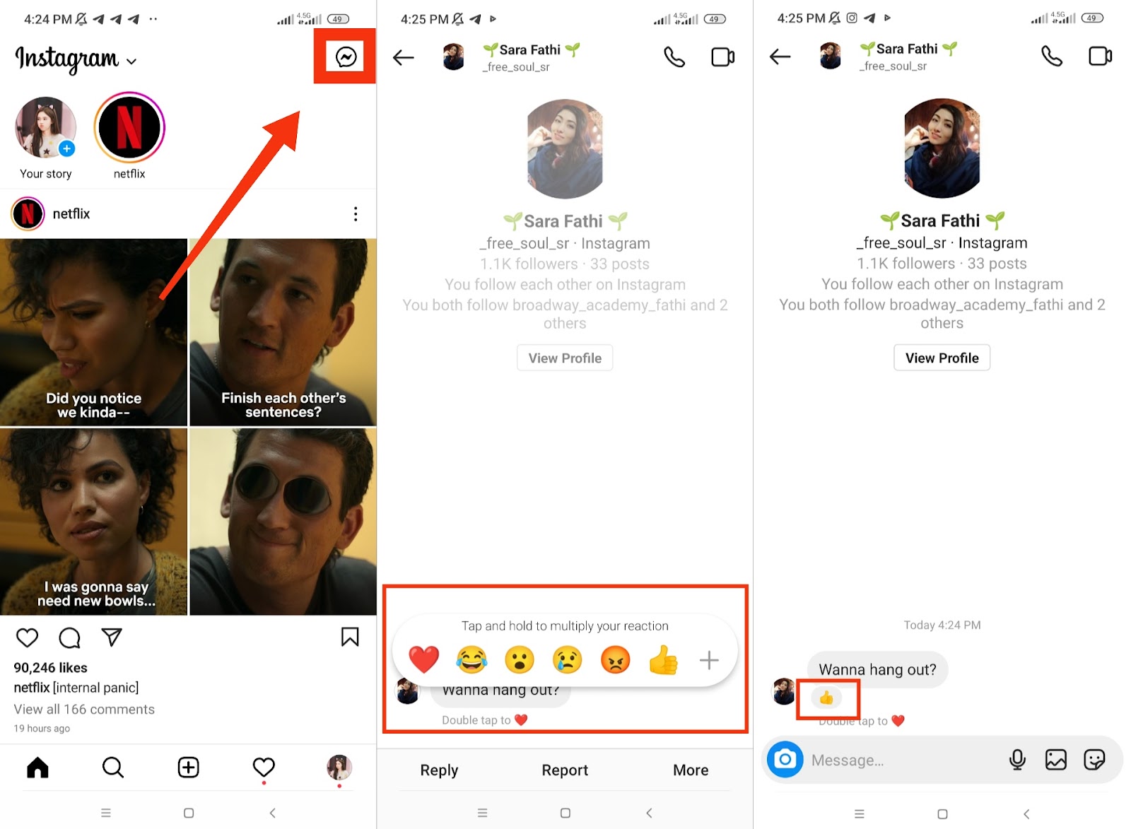 how to react to messages on Instagram