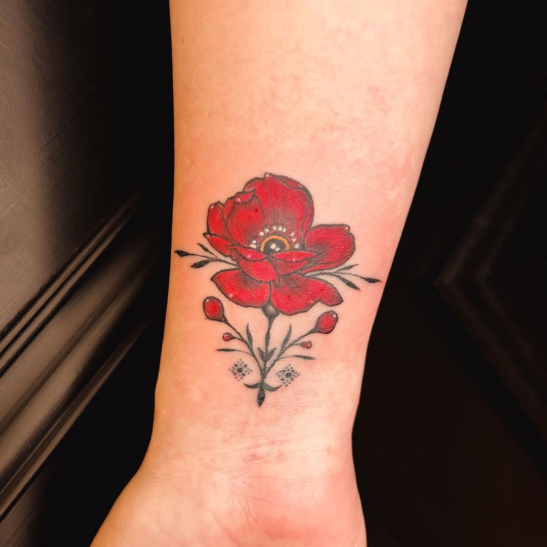 Realistic Red Flower Wrist Tattoos For Men
