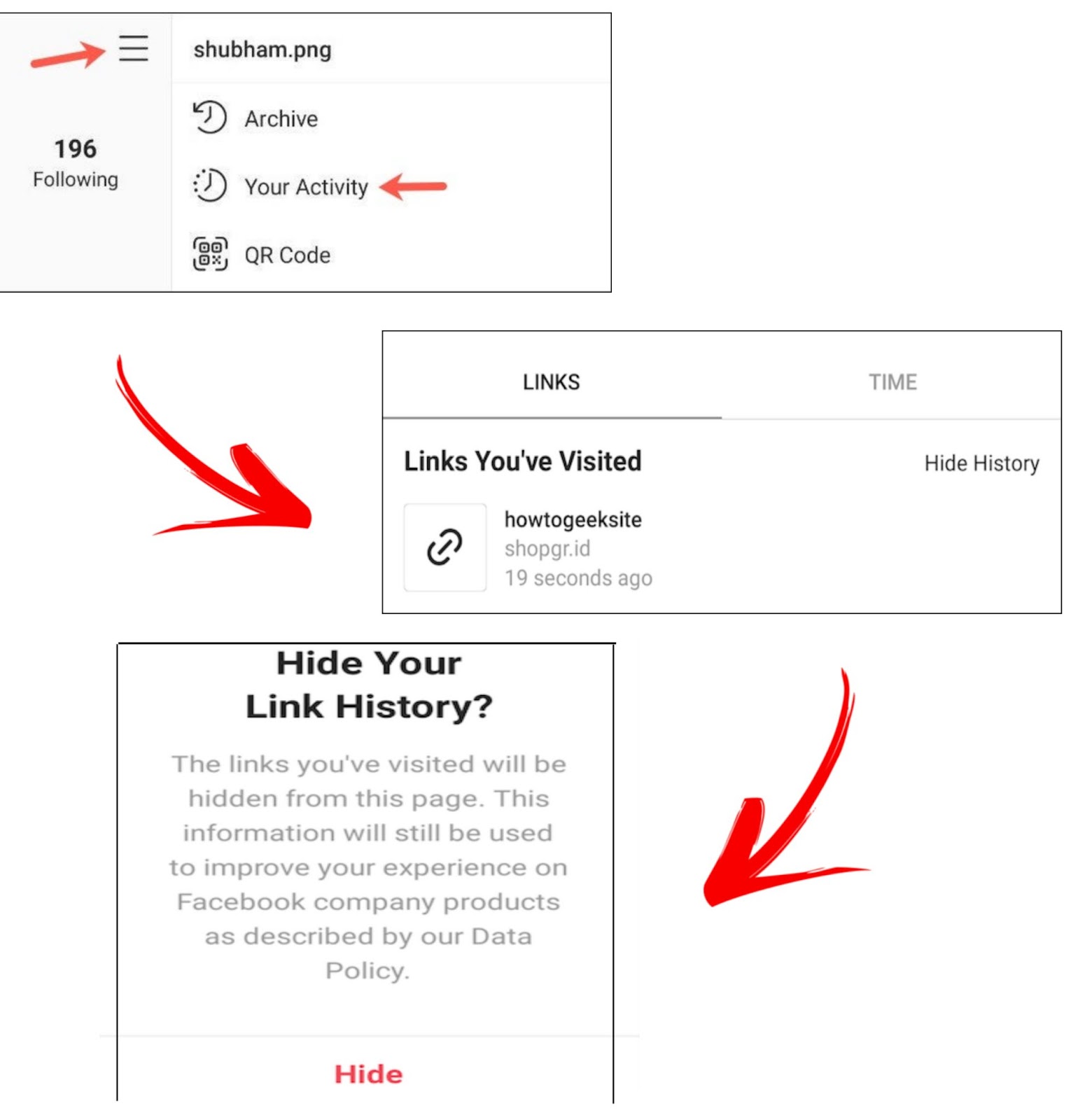 how to hide link history on Instagram