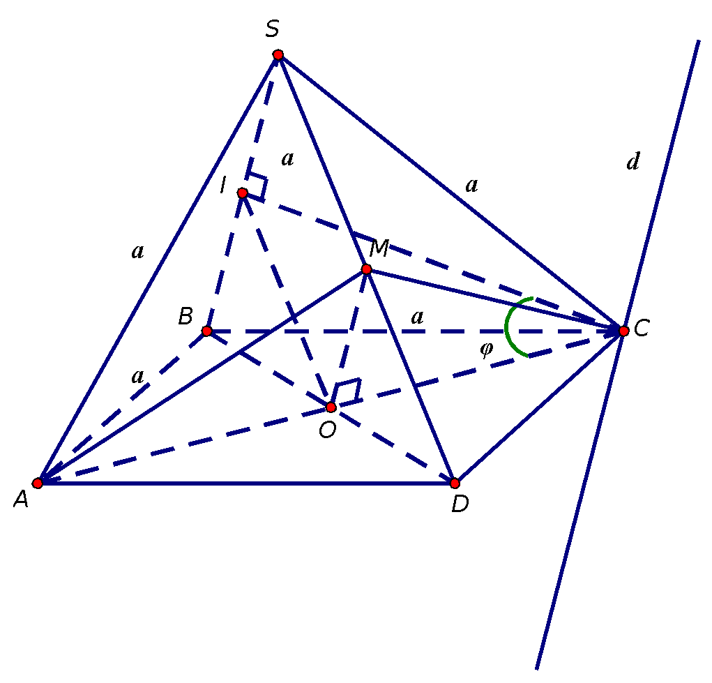 27. Cho hình chóp (S.ABCD), có đáy (ABCD) là hình thoi cạnh (a), (widehat {ABC} = 60^circ ), (SA = SB = SC = a). (M) là trung điểm của (SD). Tính (sin varphi ), với (varphi  = left( {widehat {left( {SBC} right),,left( {MAC} right)}} right)).</p> 1