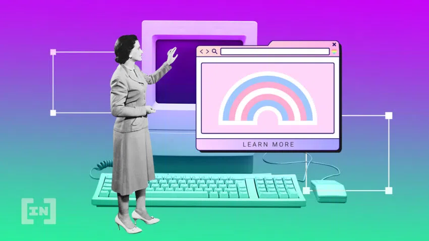 Eine Frau aus den 80er Jahren steht vor einem Röhrenbildschirm und fasst diesen an. Es ist ein Regenbogen mit 2 Farben auf einem Browser zu sehen. Das Design symbolisiert den Wandel des Internets und ist im Retro-Stil gehalten. Eine Grafik von BeInCrypto.com.