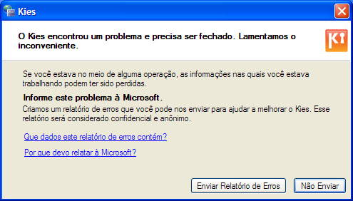 kies - Problema com Kies(Enviar relatório de erro) KiesError