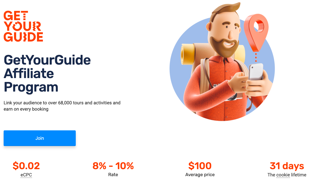 The GetYourGuide affiliate program landing page 
