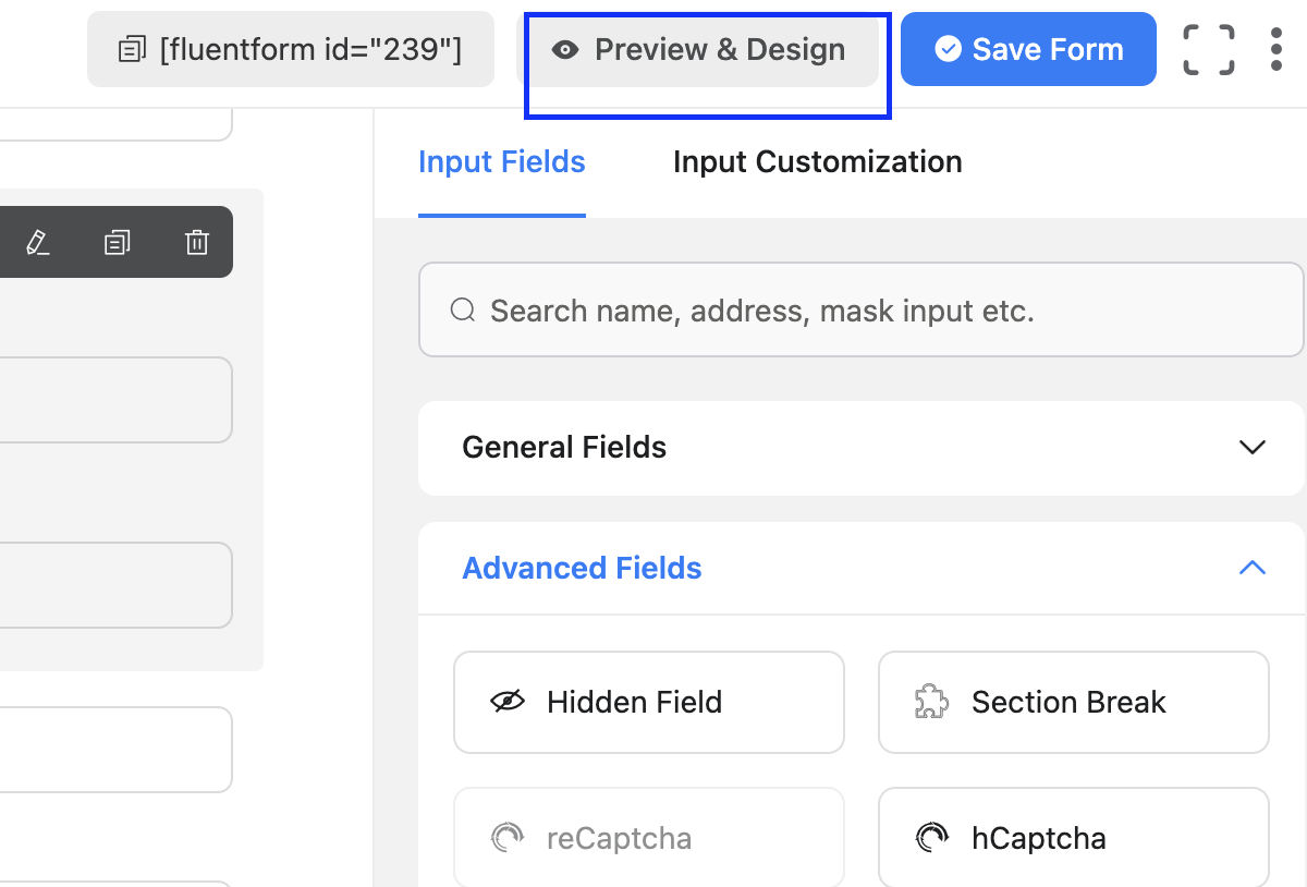 preview & design, volunteer application form, input fields, advanced fields