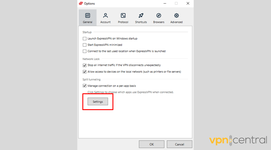 ExpressVPN split tunneling settings