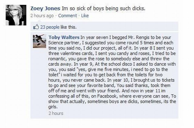 Admirer Calls out Girl's Facebook Status 'Im so sick of boys being such dicks'