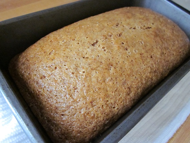 close up of baked lemon spice cake in pan 