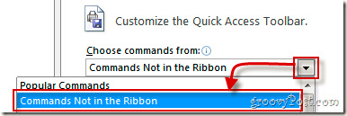 Chọn Commands not in the ribbon