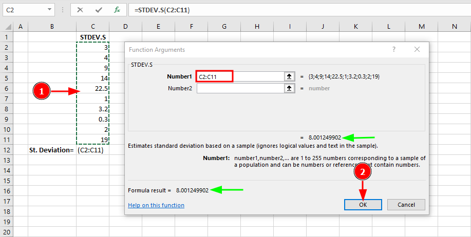STDEV.S function for sample standard deviation with Excel. Source: uedufy.com