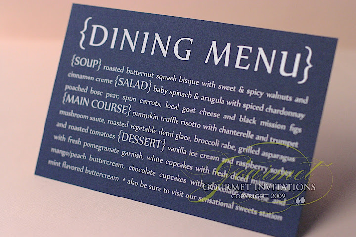 Navy menus with silver printing, silver ink on navy cardstock, menus, dinner menus, wedding dinner menu, wedding dining menu