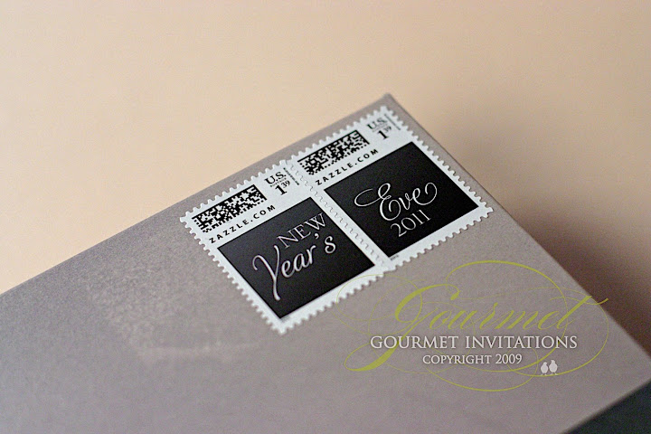 new year's eve wedding invitations, new years eve wedding, silver mailing boxes, custom postage, silk box invitations