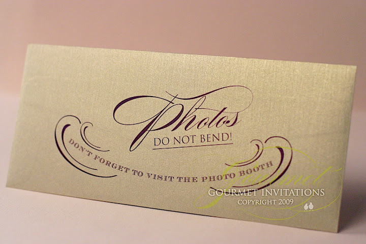 photobooth, personalized photobooth envelopes, purple and gold envelopes, guest favor envelopes