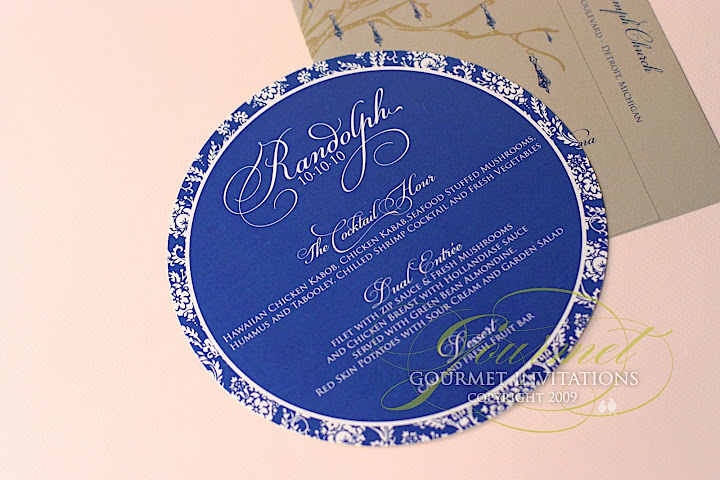 round menus, menus that go under clear charger, damask wedding menu, royal blue and gold wedding menus