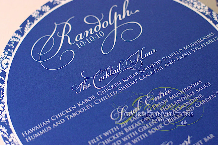 calligraphy font on wedding invitations, dining menus, dinner menus for wedding, round wedding menus