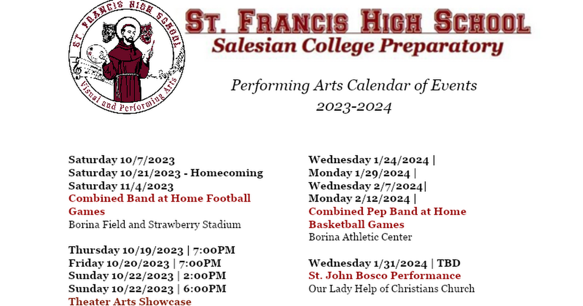 Performing Arts Calendar of Events Google Docs