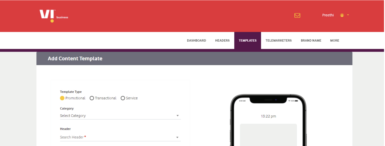 Content Template type on Vodafone DLT website | SMSCountry