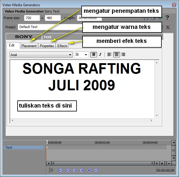 2 Tutorial video editing Sony Vegas 10 : Cara membuat dan mengatur teks (4)