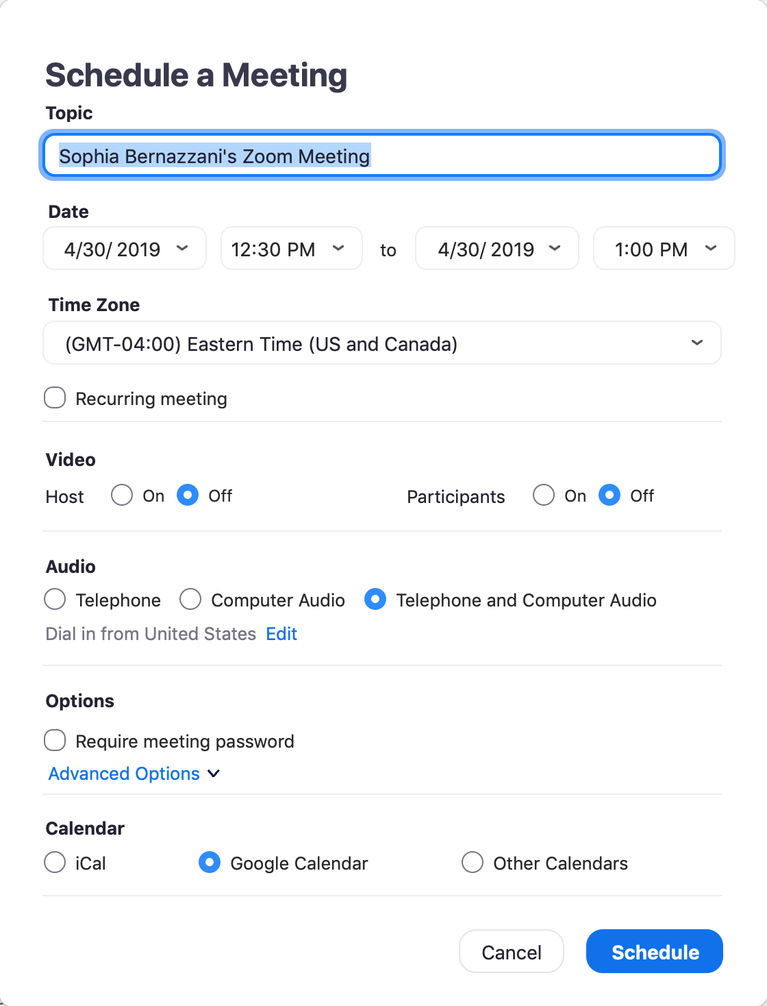schedule a meeting with zoom