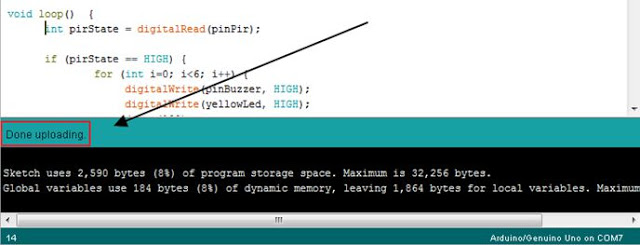 Proses Upload Sketch ke board arduino selesai