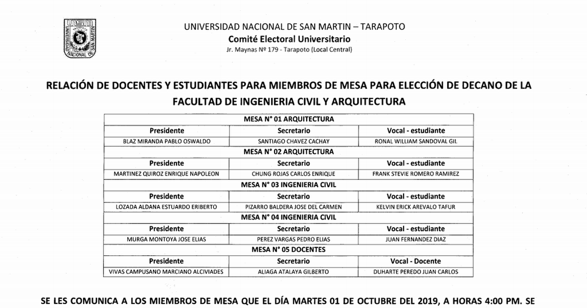 Miembros Mesa Elecciones Decano Fica Unsm Pdf Google Drive