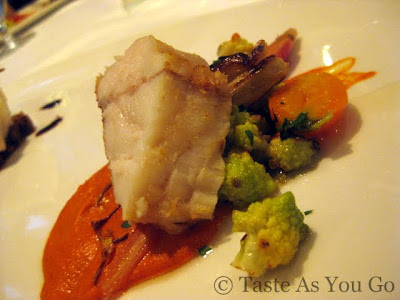 Roasted Wild Monkfish with Spring Vegetables and Romesco Sauce at Fives at The Peninsula New York in New York, NY - Photo by Taste As You Go