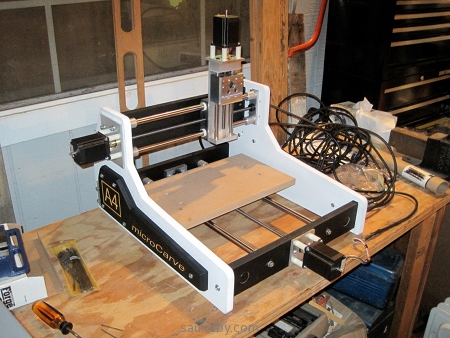 MicroCarve A4 CNC router with stepper motors attached, ready for testing.