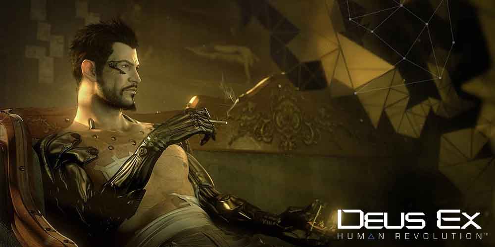 Adam sitting and smoking in Deus Ex: Human Revolution