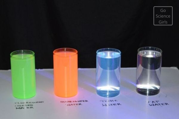 Four glasses of water, one green, one orange, one blue, and one clear, sitting on a white board.