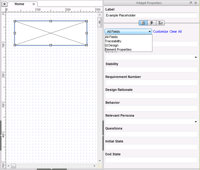 Screen shot of Axure Annotations panel, customized fields