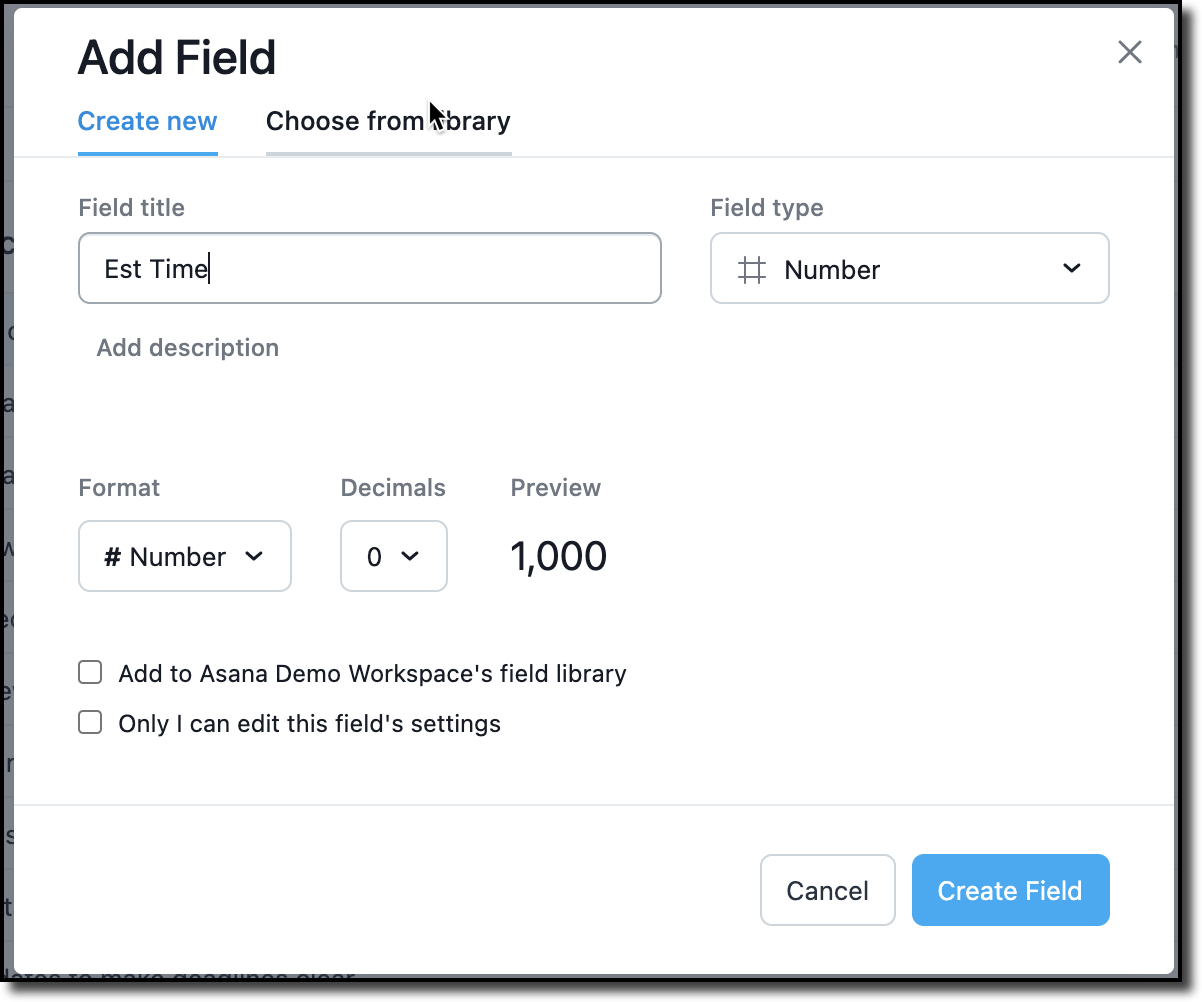 create a new field in asana