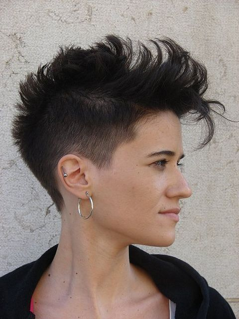 a white lady wearing a mohawk short hairstyles for women