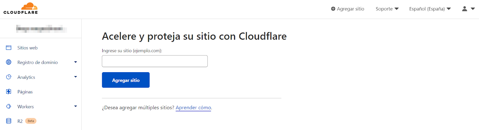 Sección para añadir la URL de sitio en Cloudflare