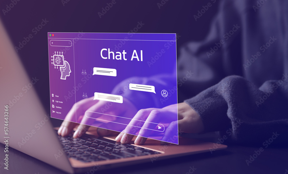 Chat Bot Chat with AI or Artificial Intelligence technology. Woman using a laptop computer chatting with an intelligent artificial intelligence asks for the answers he wants.. ChatGpt