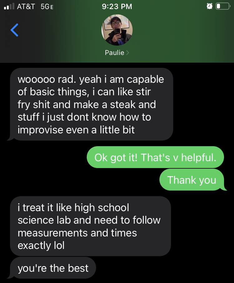 A text message exchange showing one conversant explaining his cooking skills are basic.