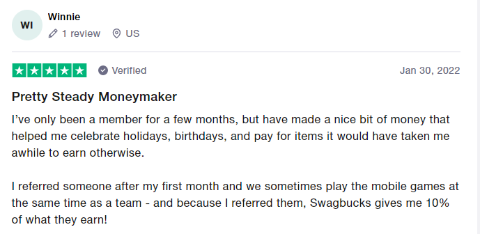 5-star Swagbucks Games review says they have made a decent bit of money to pay for holidays and birthdays and they make 10 percent of what their referred friends make