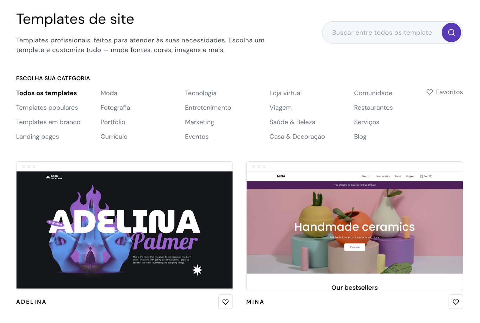 templates no criador de sites da hostinger