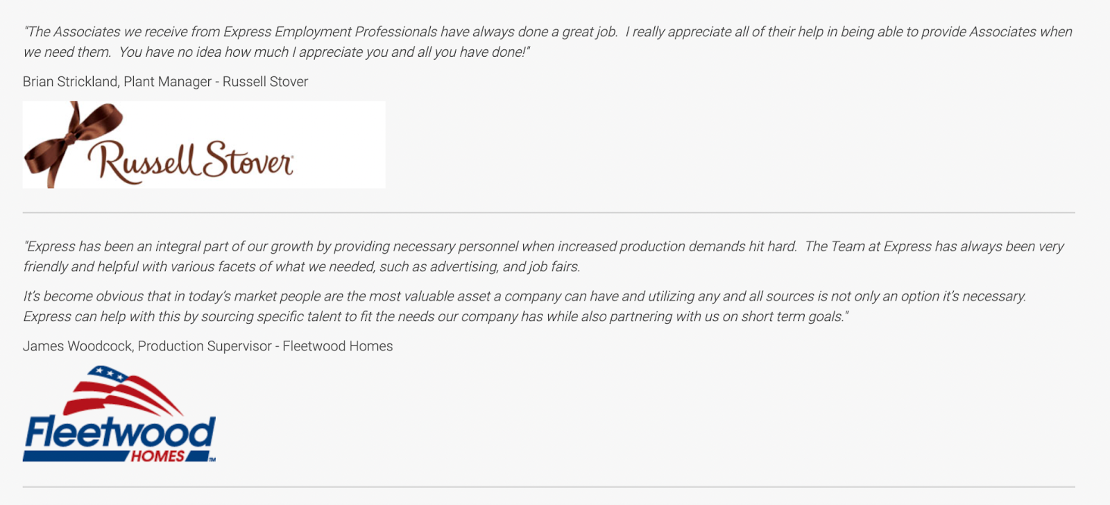 employer testimonials for staff provider