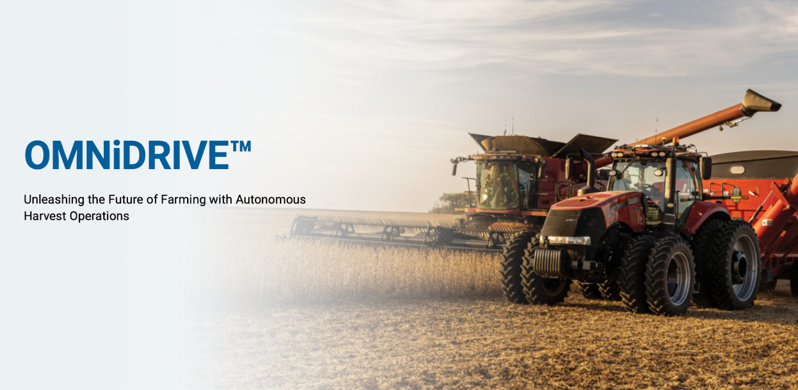 The heading "OMNIDRIVE" sits above text that says "Unleashing the future of farming with autonomous harvest operations".