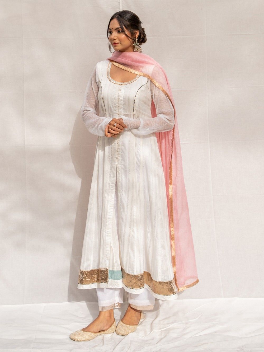  Ivory Gota Chanderi Blend Anarkali Kurta- TYPES OF ANARKALI DRESS